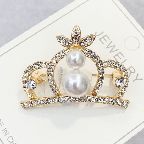 Picture of Pin Brooches Crown Gold Plated White Imitation Pearl Clear Rhinestone 40mm x 31mm, 1 Piece