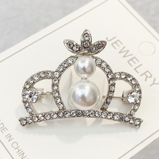 Picture of Pin Brooches Crown Silver Tone White Imitation Pearl Clear Rhinestone 40mm x 31mm, 1 Piece