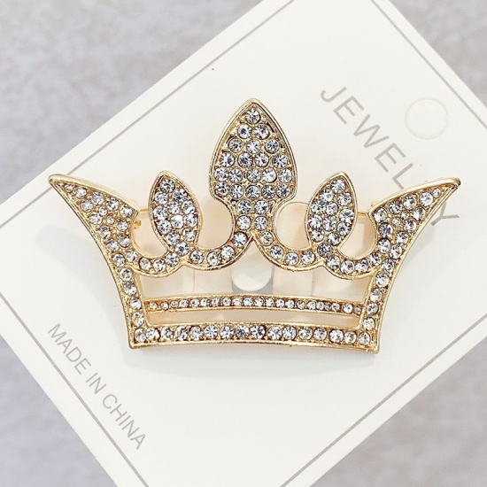 Picture of Pin Brooches Crown Gold Plated Clear Rhinestone 55mm x 33mm, 1 Piece