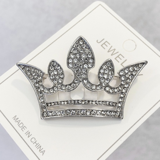 Picture of Pin Brooches Crown Silver Tone Clear Rhinestone 55mm x 33mm, 1 Piece
