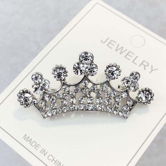 Picture of Pin Brooches Crown Silver Tone AB Color Clear Rhinestone 51mm x 30mm, 1 Piece
