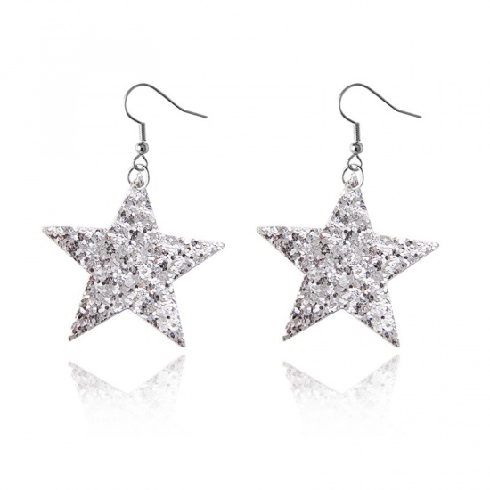Imagen de Navidad Pendientes Plata Estrellas de cinco puntos Sequins 75mm x 55mm, 1 Par