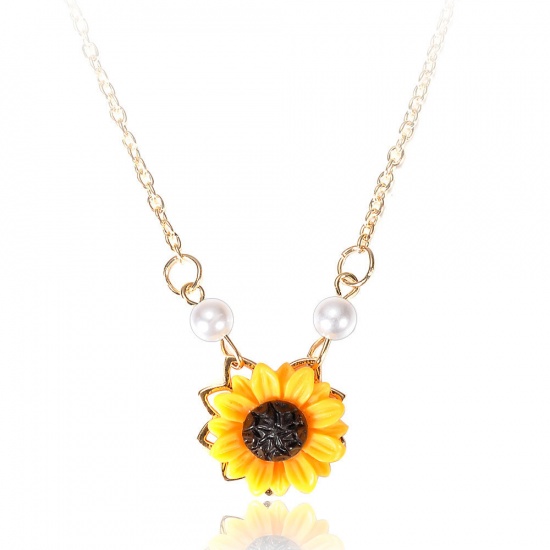 Picture of Necklace Gold Plated Orange Sunflower Imitation Pearl 55cm(21 5/8") long, 1 Piece
