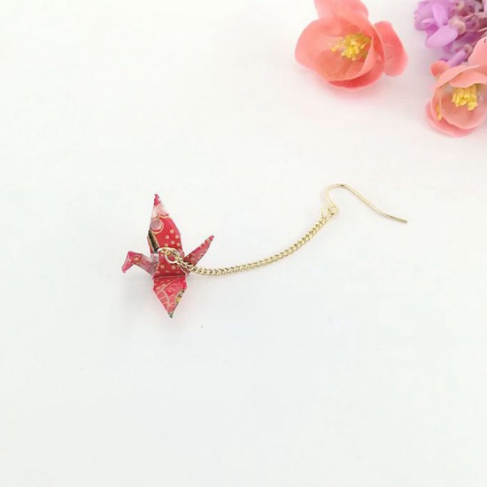 Picture of Copper Earrings Gold Plated Red Origami Crane 65mm, 1 Piece