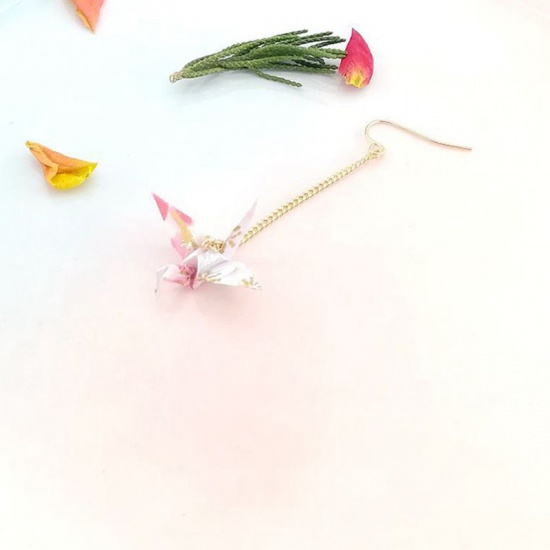 Picture of Copper Earrings Gold Plated White & Pink Origami Crane 65mm, 1 Piece