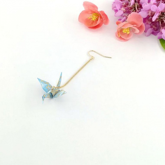 Picture of Copper Earrings Gold Plated Blue Origami Crane 65mm, 1 Piece
