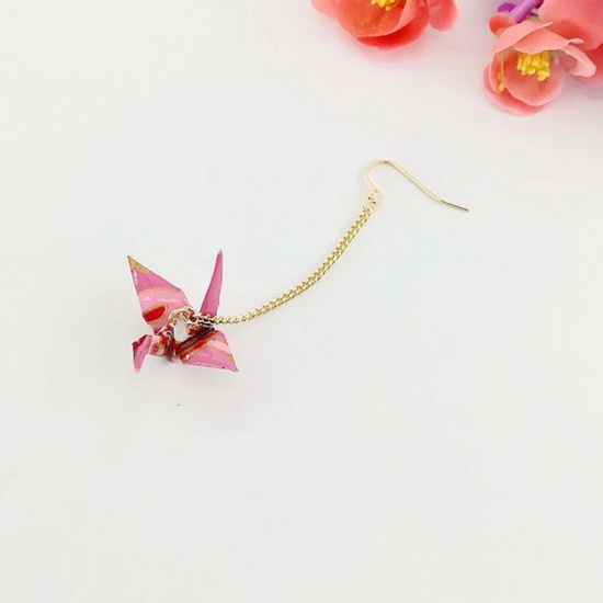 Picture of Copper Earrings Gold Plated Pink Origami Crane 65mm, 1 Piece