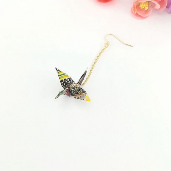 Picture of Copper Earrings Gold Plated Black Origami Crane 65mm, 1 Piece
