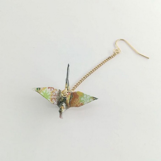 Picture of Copper Earrings Gold Plated Green Origami Crane 65mm, 1 Piece