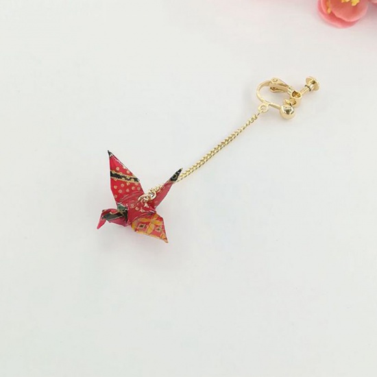 Picture of Copper Ear Clips Earrings Gold Plated Red Origami Crane 65mm, 1 Piece