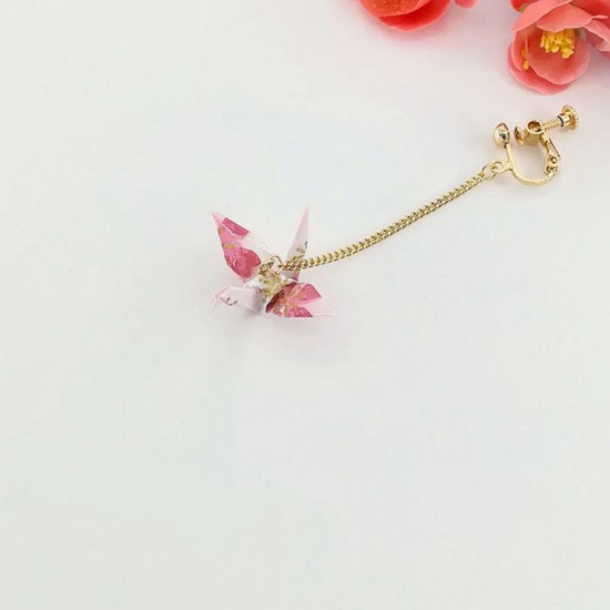 Picture of Copper Ear Clips Earrings Gold Plated White & Pink Origami Crane 65mm, 1 Piece