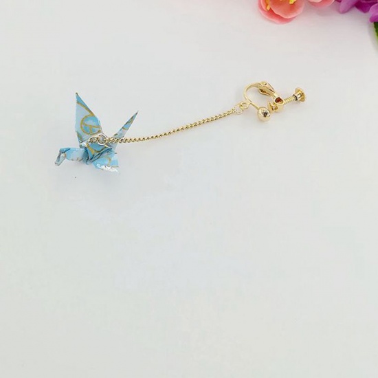Picture of Copper Ear Clips Earrings Gold Plated Blue Origami Crane 65mm, 1 Piece