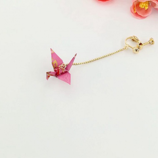 Picture of Copper Ear Clips Earrings Gold Plated Pink Origami Crane 65mm, 1 Piece