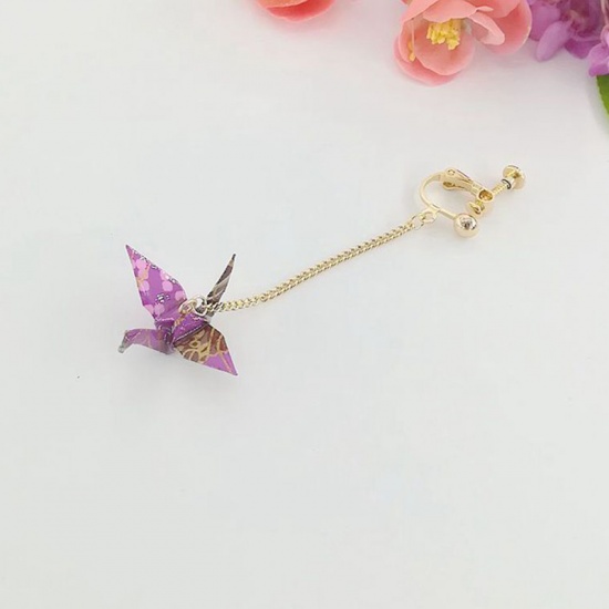 Picture of Copper Ear Clips Earrings Gold Plated Purple Origami Crane 65mm, 1 Piece