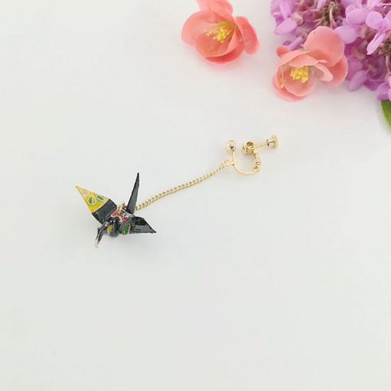 Picture of Copper Ear Clips Earrings Gold Plated Black Origami Crane 65mm, 1 Piece