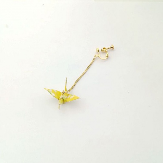Picture of Copper Ear Clips Earrings Gold Plated Yellow Origami Crane 65mm, 1 Piece