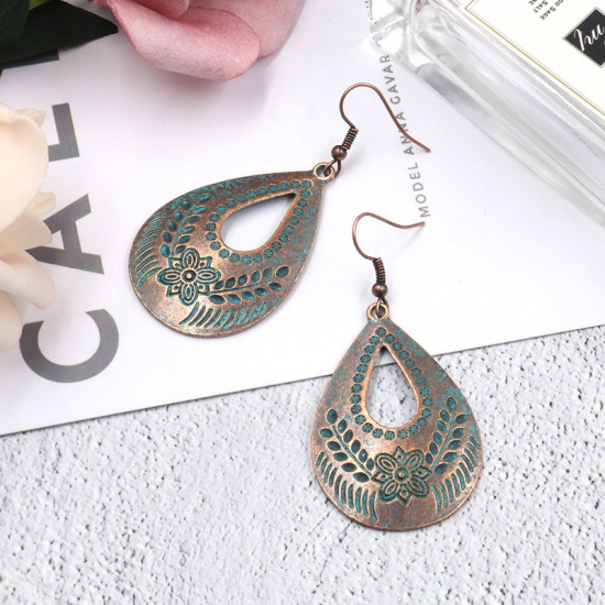 Picture of Earrings Antique Copper Oval Carved Pattern 62mm x 30mm, 1 Pair
