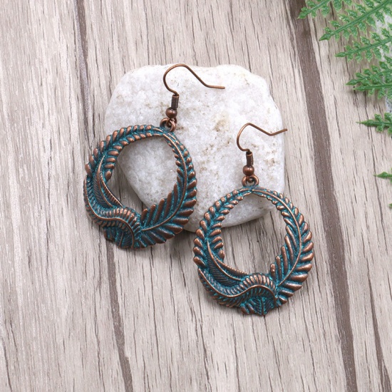 Picture of Earrings Antique Copper Circle Ring Leaf 56mm x 33mm, 1 Pair