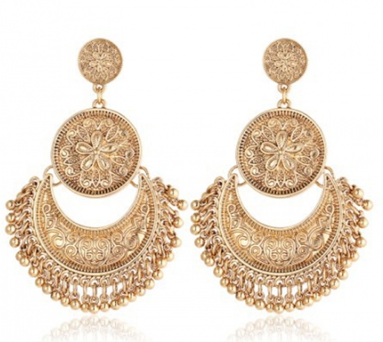Picture of Earrings Gold Plated Round Carved Pattern 65mm x 35mm, 1 Pair