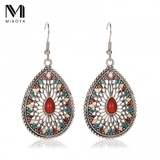 Picture of Earrings Antique Silver Color Red Drop Carved Pattern Enamel 55mm x 30mm, 1 Pair