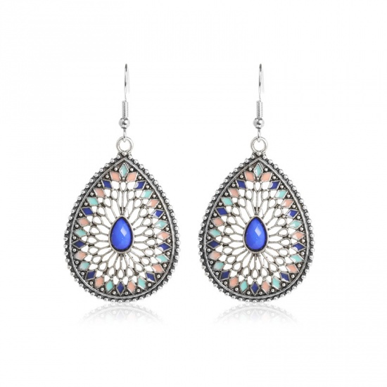 Picture of Earrings Antique Silver Color Blue Drop Carved Pattern Enamel 55mm x 30mm, 1 Pair