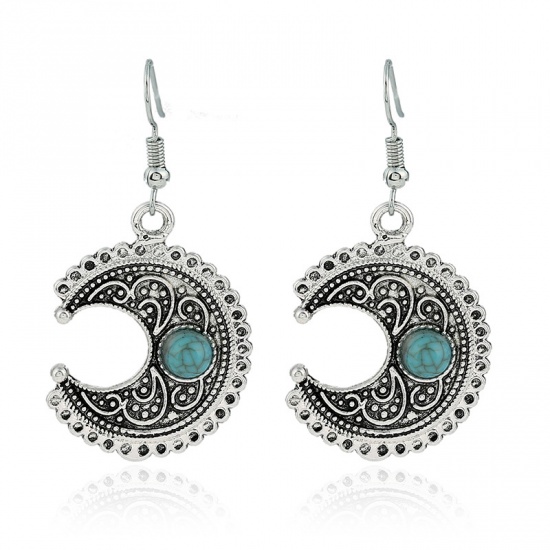 Picture of Earrings Antique Silver Green Blue Half Moon Carved Pattern Imitation Turquoise 33mm x 30mm, 1 Pair