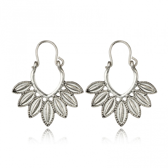 Picture of Hoop Earrings Antique Silver Carved Pattern 30mm x 25mm, 1 Pair