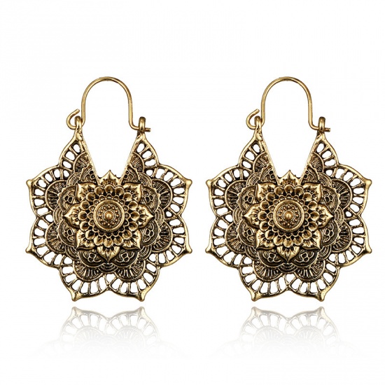 Picture of Hoop Earrings Gold Tone Antique Gold Filigree 40mm x 28mm, 1 Pair