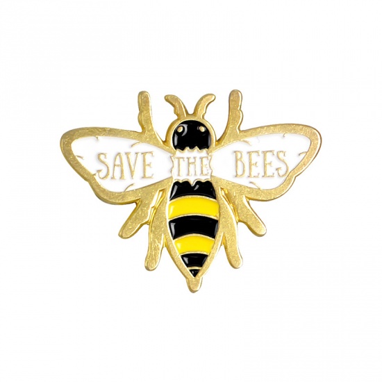 Picture of Pin Brooches Bee Animal Gold Plated Black & Yellow Enamel 30mm x 25mm, 1 Piece