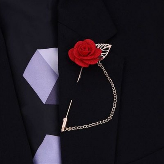 Picture of Pin Brooches Rose Flower Gold Plated Red 10cm, 1 Piece