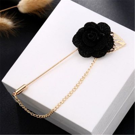 Picture of Pin Brooches Rose Flower Gold Plated Black 10cm, 1 Piece