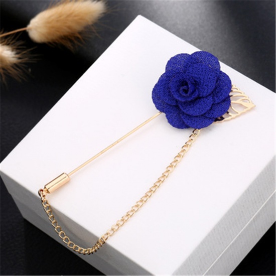 Picture of Pin Brooches Rose Flower Gold Plated Blue 10cm, 1 Piece