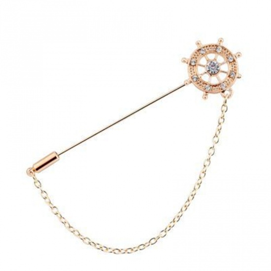 Picture of Pin Brooches Rudder Gold Plated Clear Rhinestone 10cm, 1 Piece