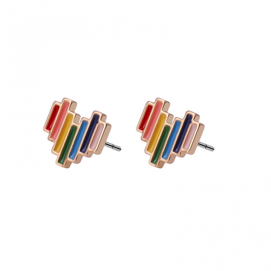 Picture of Ear Post Stud Earrings Gold Plated Multicolor Heart Enamel 11mm x 10mm, 1 Pair