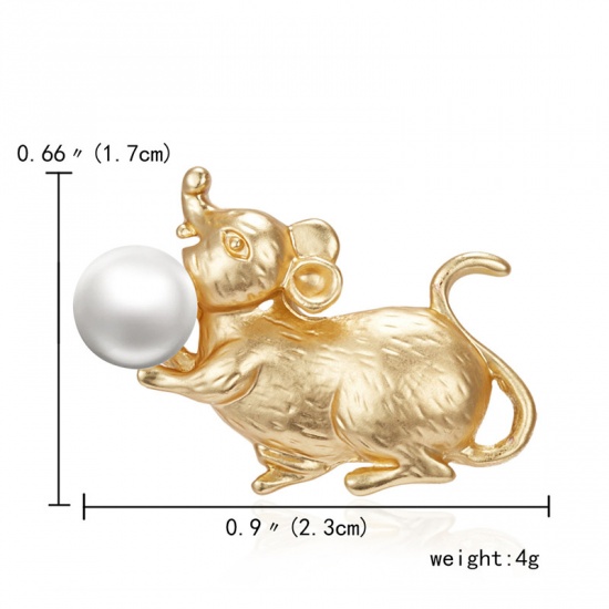 Bild von Brosche Maus Matt Gold Weiß Imitat Perle 23mm x 17mm, 1 Stück