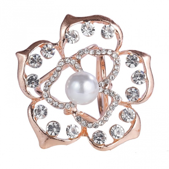Immagine di Fibbia Sciarpa Fiore Oro Placcato Bianco Imitata Perla Trasparente Strass 1 Pz
