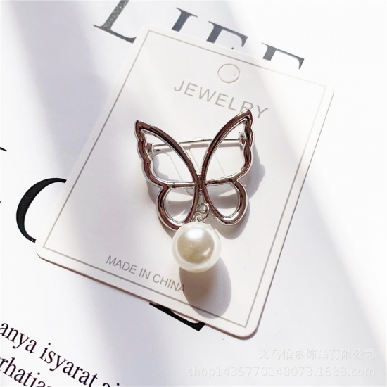 Picture of Pin Brooches Butterfly Animal Silver Tone White Imitation Pearl 40mm x 29mm, 1 Piece