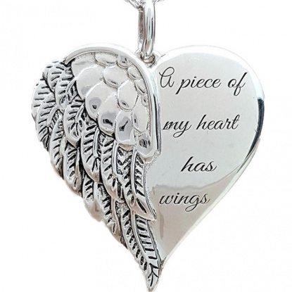 Bild von Valentinstag Halskette Silberfarbe Herz Flügel Message " a piece of my heart has wings " 40cm lang, 1 Strang