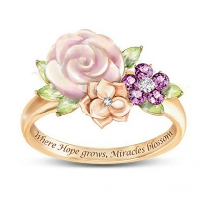 Bild von Uneinstellbar Ring Vergoldet Blume Blätter Message " Where hope grows，miracles blossom " Bunt Strass 16.5mm（US Größe:6), 1 Stück
