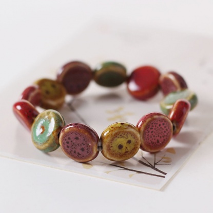 Picture of Ceramic Dainty Bracelets Delicate Bracelets Beaded Bracelet Multicolor Flat Round Elastic 1 Piece