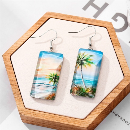 Picture of Earrings Multicolor Rectangle Coconut Palm Tree 67mm x 17mm, 1 Pair