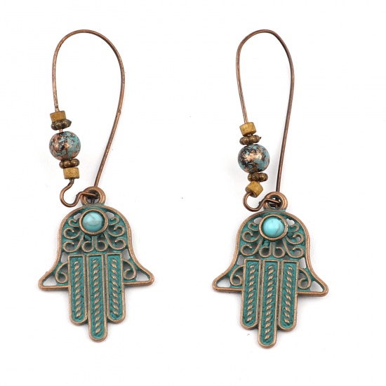 Picture of Earrings Antique Copper Green Blue Hamsa Symbol Hand Imitation Turquoise 66mm x 21mm, 1 Pair