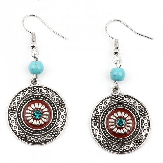 Picture of Earrings Antique Silver Color Multicolor Round Blue Rhinestone 55mm x 23mm, 1 Pair