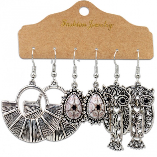 Picture of Boho Chic Bohemia Earrings Antique Silver Color Owl Animal Clear Rhinestone 58mm - 50mm, 1 Set ( 3 Pairs/Set)