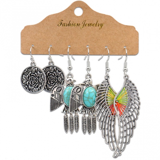 Picture of Boho Chic Bohemia Earrings Antique Silver Color Round Wing 1 Set ( 3 Pairs/Set)