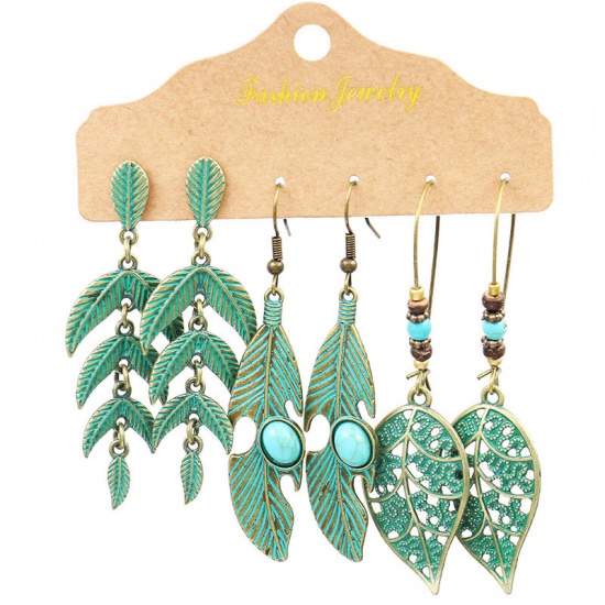 Picture of Boho Chic Bohemia Earrings Green Leaf Feather 70mm, 1 Set ( 3 Pairs/Set)