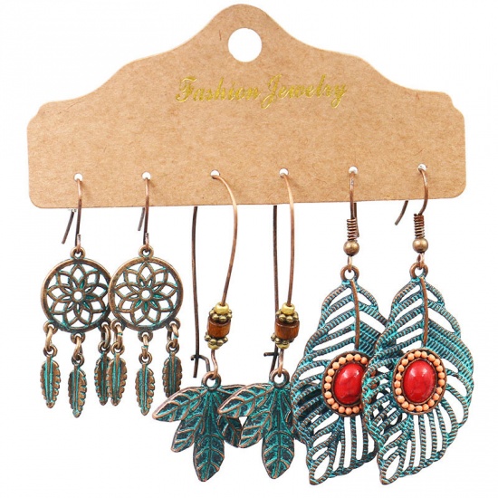 Picture of Boho Chic Bohemia Earrings Green Blue Leaf Dreamcatcher 70mm, 1 Set ( 3 Pairs/Set)