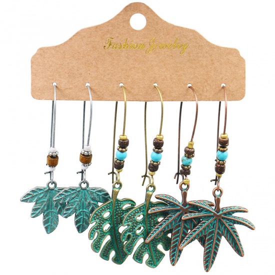 Picture of Boho Chic Bohemia Earrings Green Leaf 70mm, 1 Set ( 3 Pairs/Set)