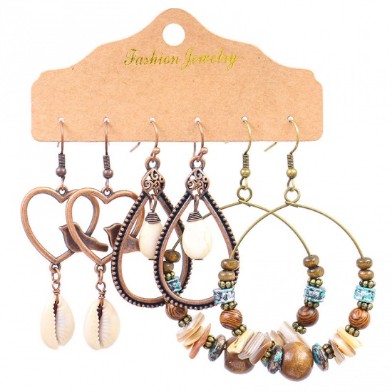 Picture of Boho Chic Bohemia Earrings Antique Copper Circle Ring Heart 96m, 1 Set ( 3 Pairs/Set)