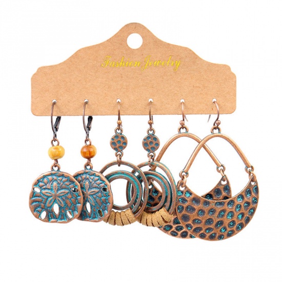 Picture of Boho Chic Bohemia Earrings Antique Copper Geometric Flower 85mm, 1 Set ( 3 Pairs/Set)